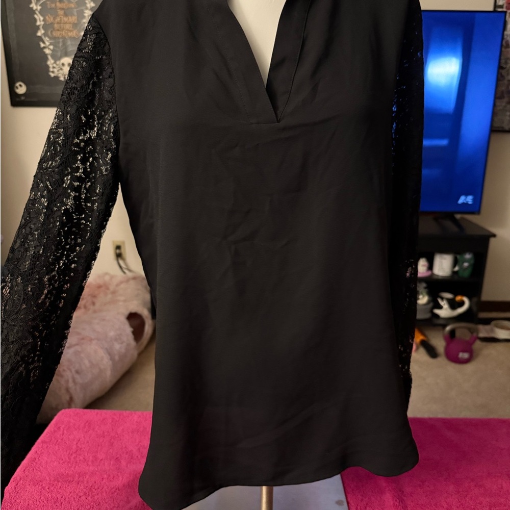 Anne Klein Black Blouse with Lace Sleeves